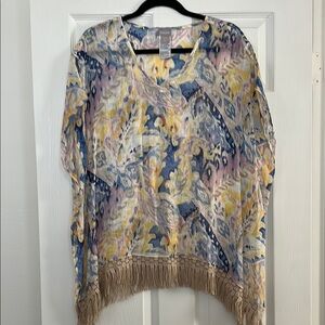 Chico's Pastel Patterned Linen Fringe Poncho